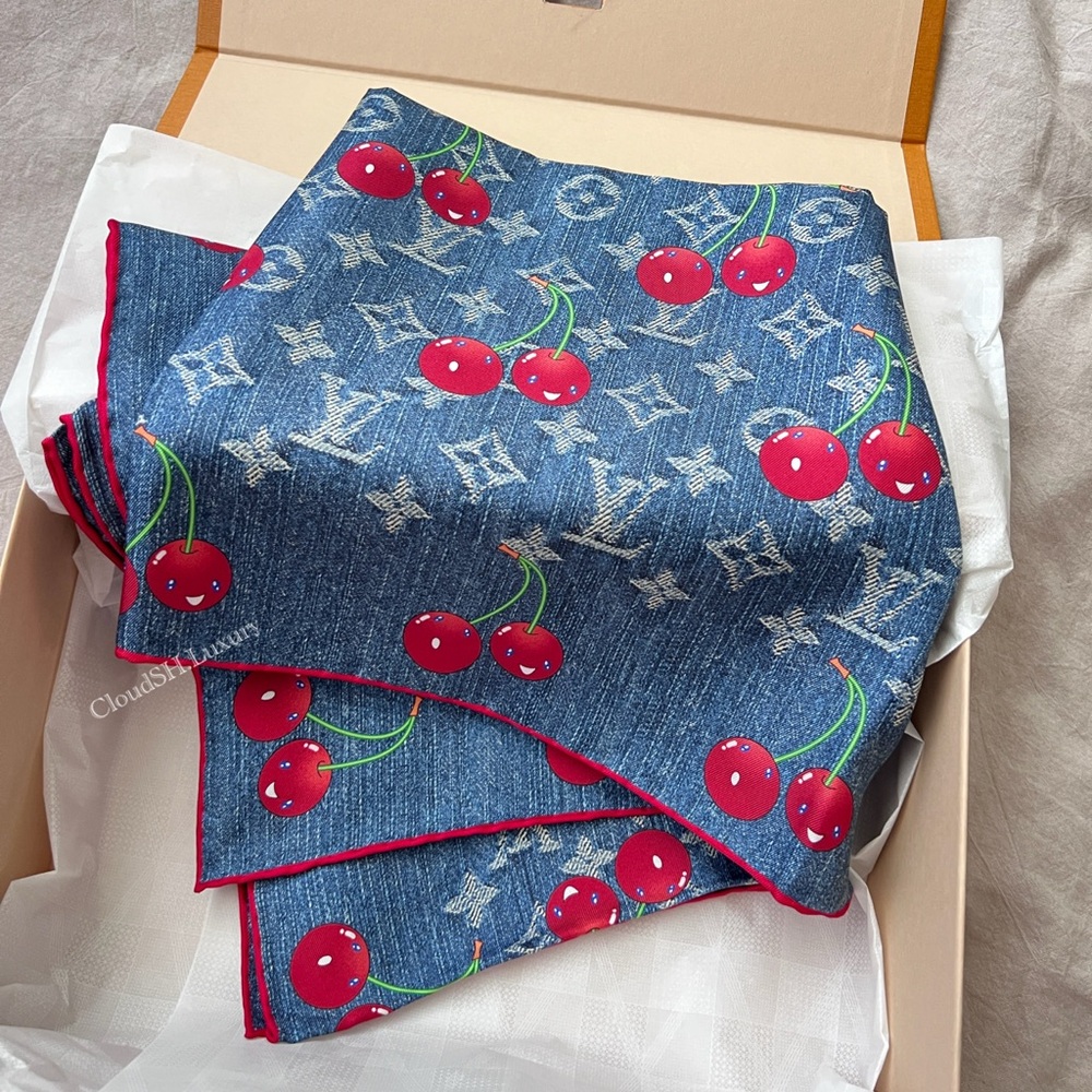 Auth BNIB Louis Vuitton x Takashi Murakami Logo Cherry Denim Blue Silk Scarf